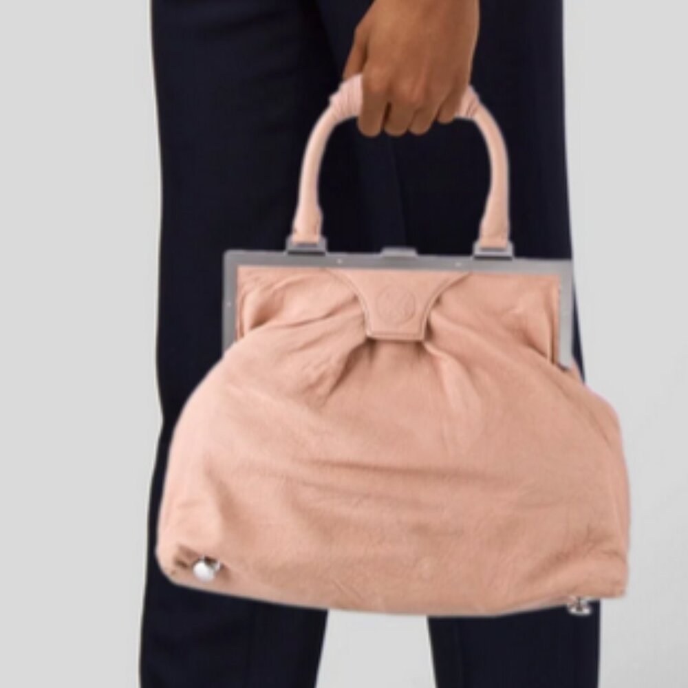 🌸 Perrin Paris Blush Pink Soft Leather Hinge Frame Bag Rare Pastel Purse Silver